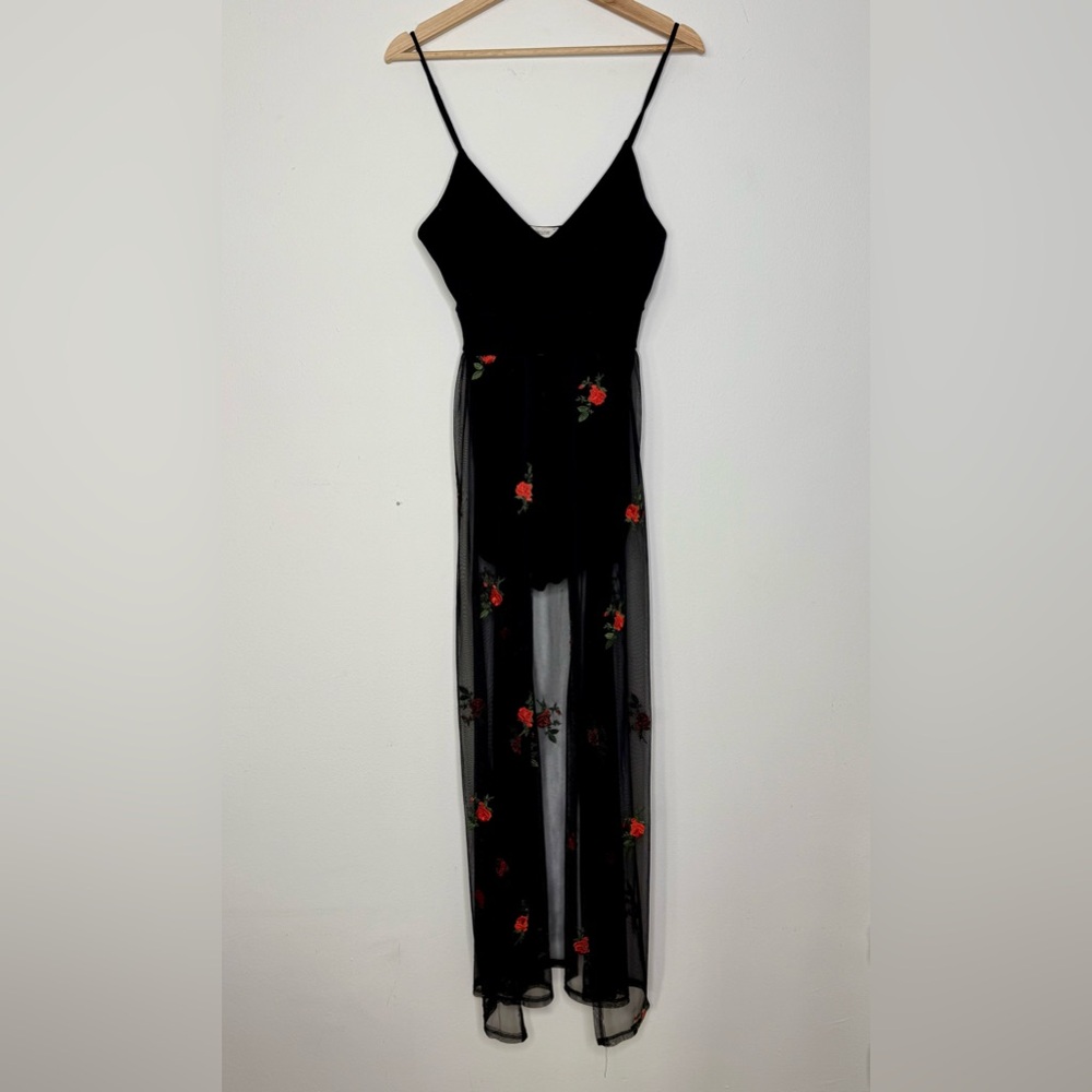 Love Culture | Black Romper with Sheer Rose Embroidered Sheath - S